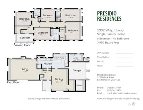 A floor plan for a single family home with 5 bedrooms and 4 bathrooms.